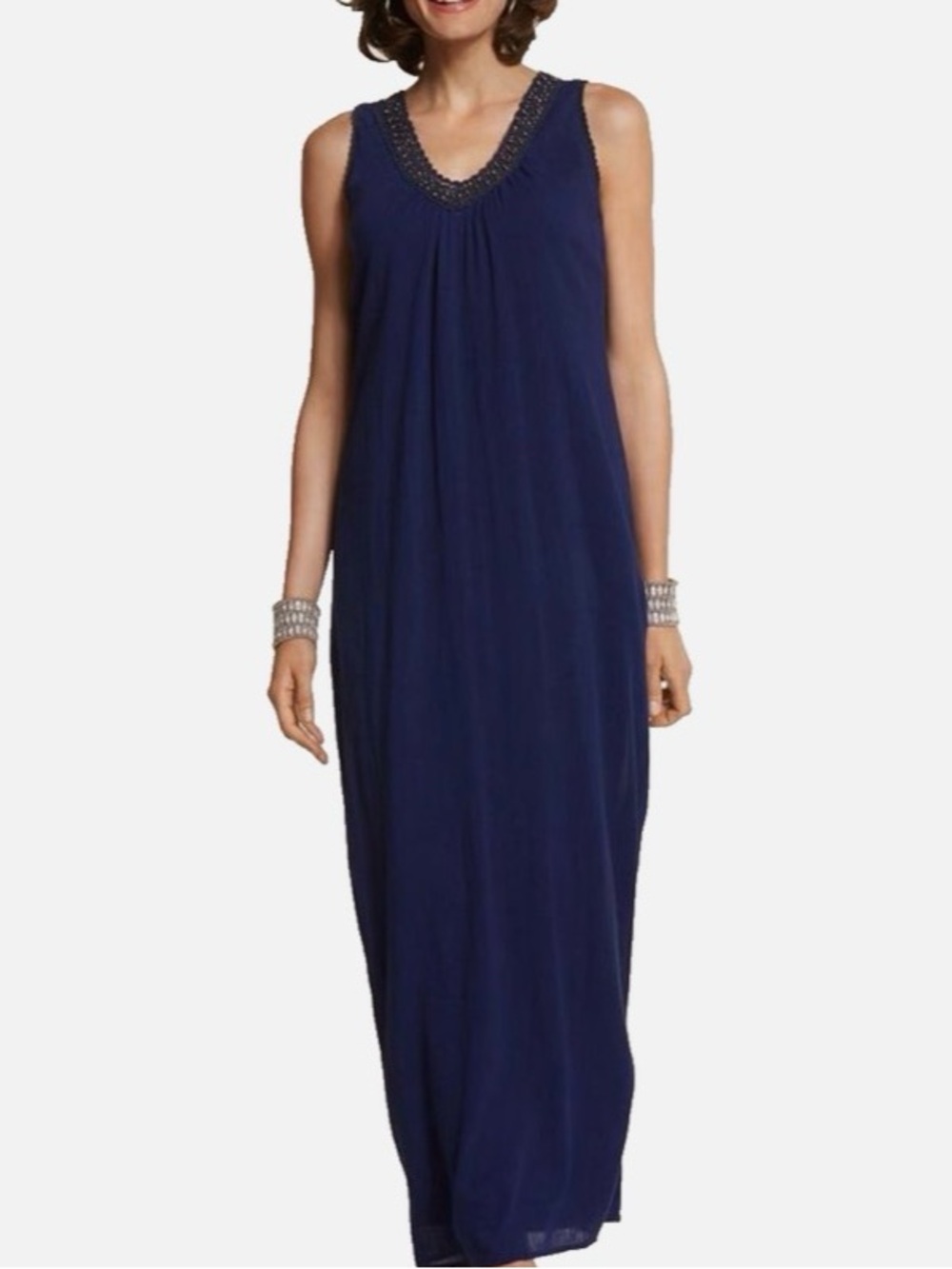 Chico’s 3 L/XL Navy gauze Maxi Dress lined crocheted lace & beads summer staple